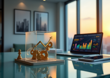 Glass desk with a small glass box containing golden gears and arrow; a chess pawn stands beside it. A laptop displaying colorful graphs is open, with a smartphone nearby. Cityscape visible through large windows during sunset.