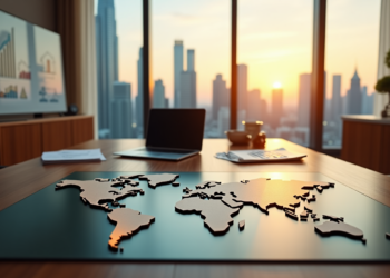 A conference room with a table featuring a world map centerpiece, modern office chairs, and an open laptop. Large windows offer a view of a cityscape at sunset. A screen displays graphs and charts in the background.