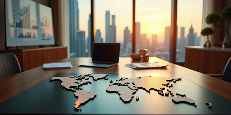 A conference room with a table featuring a world map centerpiece, modern office chairs, and an open laptop. Large windows offer a view of a cityscape at sunset. A screen displays graphs and charts in the background.