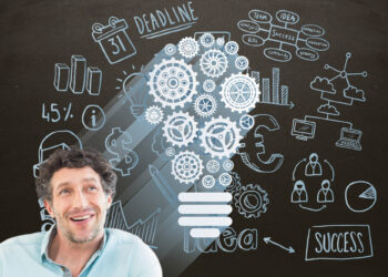 A smiling man sits in front of a chalkboard filled with business-related sketches and charts. A large lightbulb made of gears, symbolizing service Business Ideas and innovation, glows above his head with words like "success" and "deadline" visible.