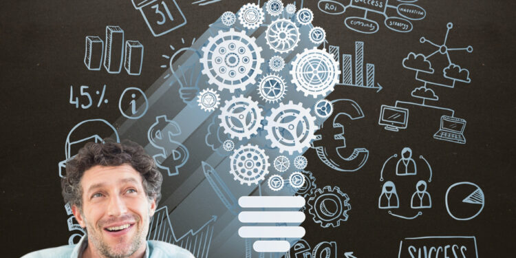 A smiling man sits in front of a chalkboard filled with business-related sketches and charts. A large lightbulb made of gears, symbolizing service Business Ideas and innovation, glows above his head with words like "success" and "deadline" visible.