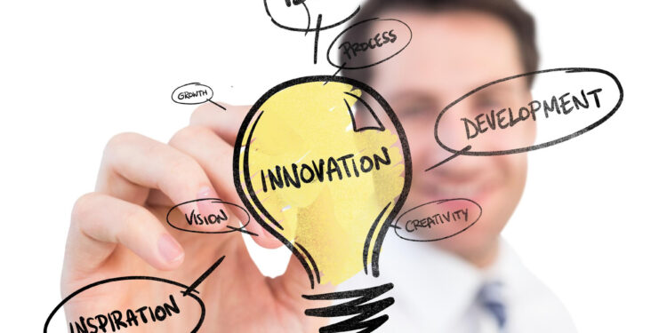 A person in a white shirt draws a yellow lightbulb labeled "Innovation" on glass, surrounded by words: "Idea," "Process," "Service Business Ideas," "Development," "Creativity," "Inspiration," "Vision," and "Growth.