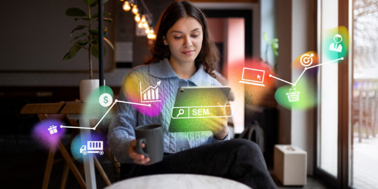 A woman sits in a cafe holding a tablet and a mug, with colorful digital marketing and SEM (Search Engine Marketing) icons and graphics digitally overlaid around her.