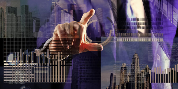 A person in a suit points at a virtual screen displaying digital graphs, charts, and financial data, overlaid on a city skyline with tall buildings in the background.