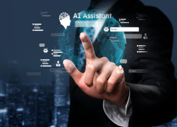A person in a suit touches a virtual screen displaying a digital globe, with the text "AI Assistant" and various futuristic interface icons over a blurred cityscape background.