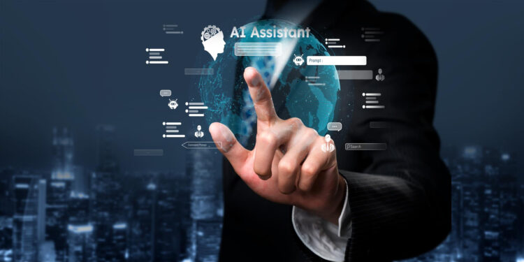 A person in a suit touches a virtual screen displaying a digital globe, with the text "AI Assistant" and various futuristic interface icons over a blurred cityscape background.