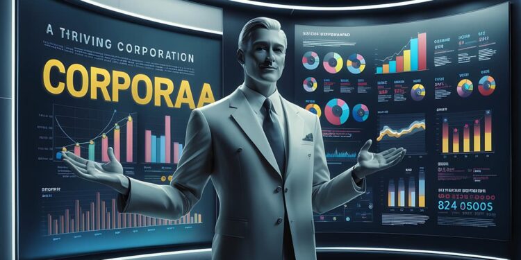 A man in a suit stands confidently with arms open in front of large digital business dashboards displaying colorful graphs, charts, and data about a corporation’s financial performance and statistics.