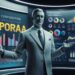 A man in a suit stands confidently with arms open in front of large digital business dashboards displaying colorful graphs, charts, and data about a corporation’s financial performance and statistics.